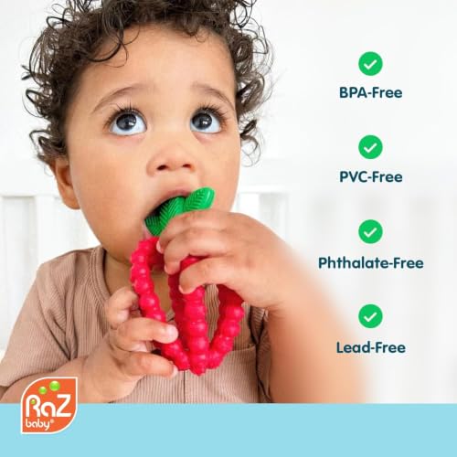 Image of RaZbaby Silicone Infant & Baby Teething Toy, Textured BerryBumps Soothe Babies Sore Gums, RaZberry Bites Relief Teether, Back & Front Teeth, BPA Free, Fruit Shape for Babies 3M+ (Red & Blue)