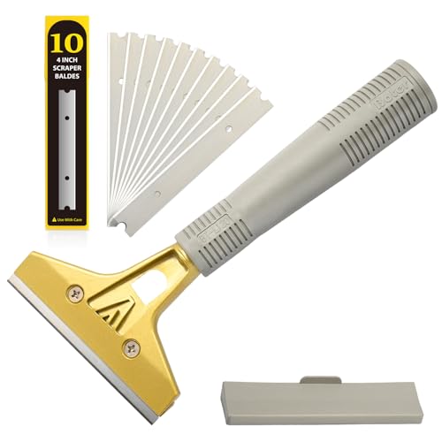 Ehdis Fensterschaber mit 10 Klinge Fenster Schaber Fensterschaber Profi zum Entfernen von Kleber Klebereste Farbe Abziehbilder 4 Zoll Gold