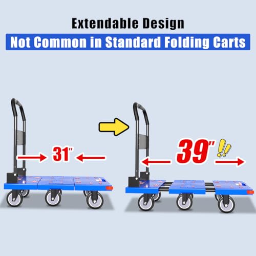 Image of WUD 1323 lbs Heavy Duty Folding Platform Cart with Extendable Deck (31''-39''), 6-Wheel Support, 4'' Quiet Casters, Thick Reinforced Flatbed Dolly for Warehouse, Garage & Moving