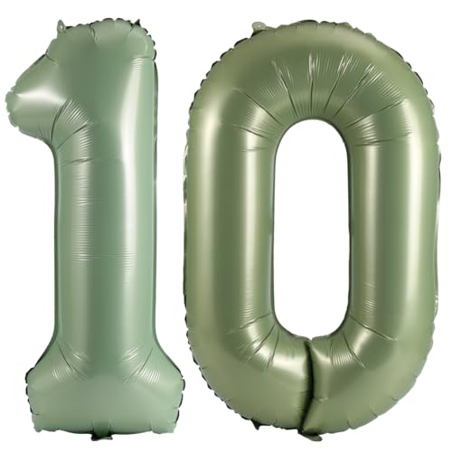 Image of Number 10 Balloon Foil Mylar Balloons for Birthday Party Decoration (Olive Green, 40 Inch)