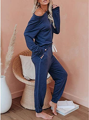 Lot de 2 vêtements de sport grande taille pour femme ensemble haut manches longues et pantalon bleu