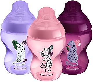 Tommee Tippee Closer to Nature Baby Bottles, Slow-Flow Breast-Like Teat with Anti-Colic Valve, 260ml, Pack of 3, Jungle Pinks