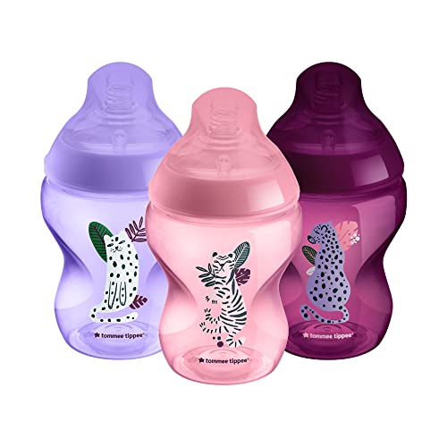 Tommee Tippee Biberons Closer to Nature, Tétine Imitant le Sein Maternel avec Valve Anti-Colique, 260 ml, Lot de 3, Rose