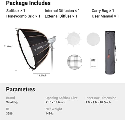 SMALLRIG RA-D85 Parabolic Softbox, 85 cm Quick Release Parabolic Softbox, Compatible with SmallRig RC 120D/RC 120B/RC 220D/RC220B and other Bowens Mount Light - 3586