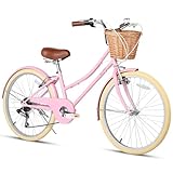 Glerc 女の子自転車 可愛い小中学生自転車 シティーサイクル ママチャリ レトロ おしゃれ 手編み藤カゴ付き SHIMANOシマノ6段変速 リアギア変速 通学用 24インチ 適用身長145~175cm ピンク