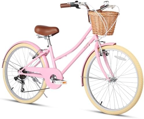 Glerc 24 Inch Beach Cruiser Bike, 6-Speed Hybrid City Bicycle for Girls Youth and Over 6 Years Old, Missy Bike with Wicker Basket & Lightweight, Pink