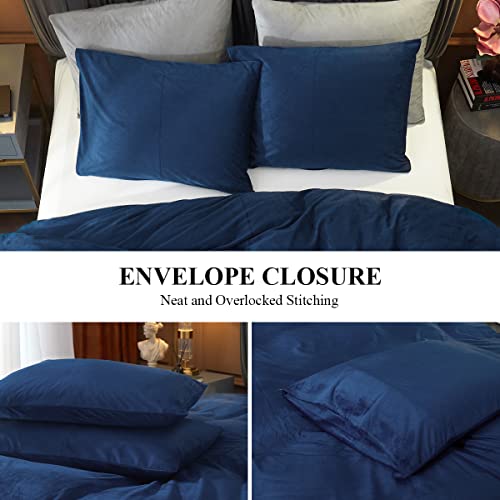 Ivellow Velvet Duvet Cover Queen Size 3 Pcs Flannel Navy Blue Duvet Cover Queen Velvet Comforter Cover Bedding Set Ultra Soft Cozy Solid Luxury Velour Duvet Cover Set Zipper Closure Corner Ties #TOP4