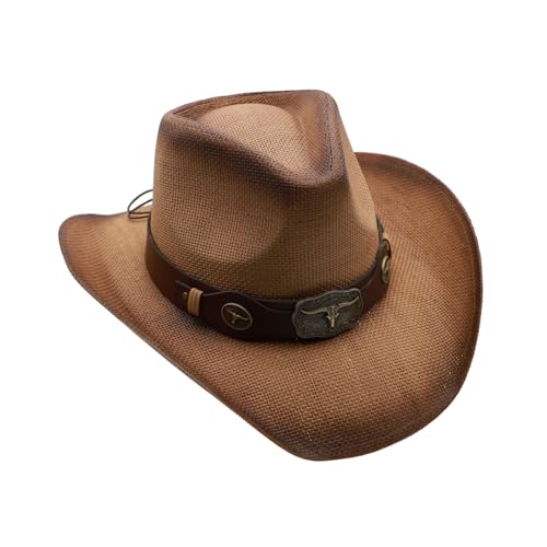 Image of Mens Straw Cowboy Hat Unisex Western Beach Sun Hat for Men Women Wide Brim Fedora Hat Cowgirl Hats Summer Panama Hat