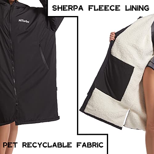 Hiturbo Warm Waterproof Swim Parka: Oversized Hooded Changing Robe - Sherpa Liner Swimming Coat - Recycled Fabric Surf Poncho (Black)