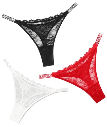 Avidlove Lace Thongs for Women with Rhinestone-Embellished Strap Cheeky Underwear Sexy Panties 1-3 Pack