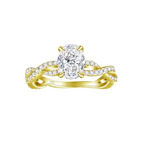 SILVERNANA 1.5CT Oval Moissanite Engagement Ring Gold Plated 925 Sterling Silver Twisted Vine Promise Wedding Ring for Women Size 6.5