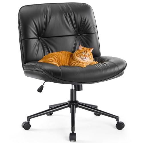 Sweetcrispy Criss Cross Armless Office Chair - PU Leather Adjustable Swivel Wide Seat with Thick Padding, Ergonomic Rolling Computer Desk Task Chair for Modern Vanity & Makeup with Wheels