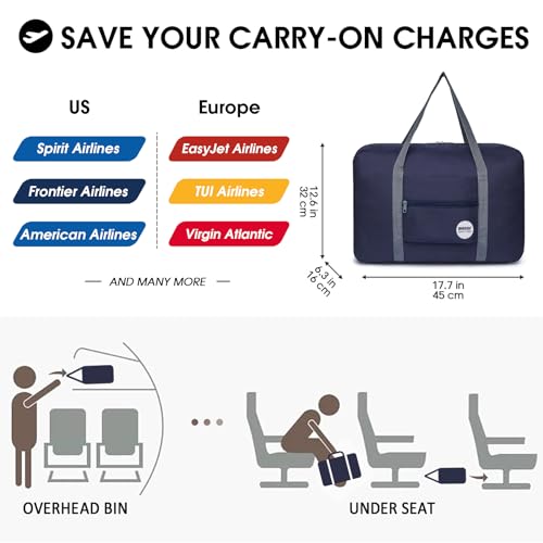 Image of WANDF Nylon For Spirit Airlines Personal Item Bag 18X14X8 Travel Duffel Bag Underseat Foldable Carry-On Luggage For Women?F.-Blue+Red? | 18x14x8 inches, Frontier Airline Underseat Fit, Weekend Overnight Trips, Lightweight Packable