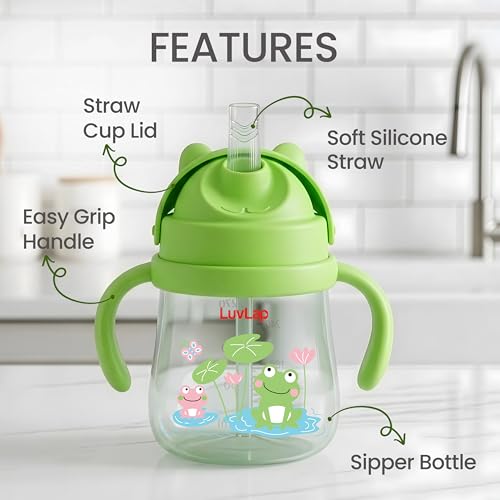 Image of LuvLap Joy Anti Spill Sipper for Kids with Twin Easy-Grip Handles, 270 ml, Sippy Cups with Soft Silicone Straw, Training Cup for Kids,Water Bottle, Non-Toxic & BPA Free, 1 Year+ (Green) (Pack of 5)