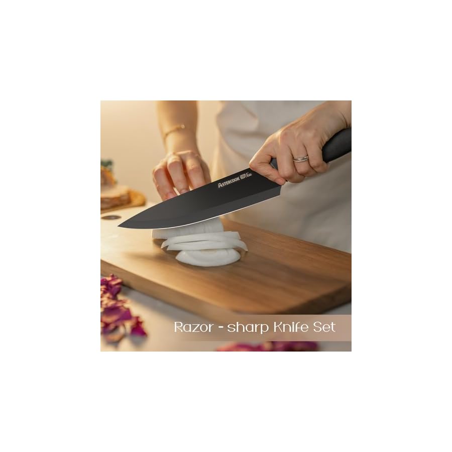 Astercook Knife Set, Kitchen Knives with Block and Sharpener 22 Pcs German Stainless Steel Knives Sharp Blade Dishwasher Safe Knife Set with Anti-slip Ergonomic Handle, Elegant Black