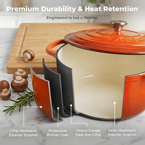 Image of Zulay Kitchen 7.7 Quart Enameled Cast Iron Dutch Oven Pot with Lid - Premium Durability & Oven Safe up to 500F - Heavy Duty Cookware Perfect for Bread Baking, Stews, Braising & Roasting - Orange