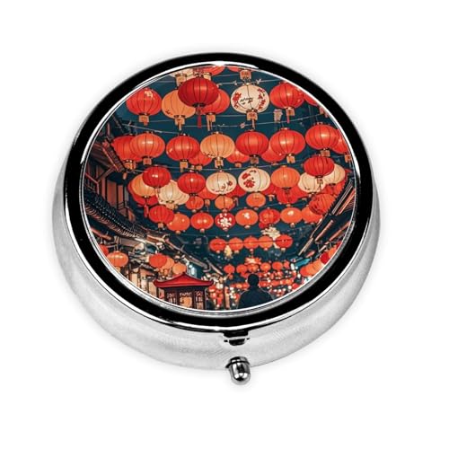 Christmas Red Lantern Print Pill Box,3 Grid Small Pill Case for Purse and Pocket,Portable Medicine Pill Container