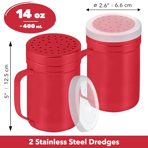 Image of CUSINIUM 14oz Red Stainless Steel Salt Pepper Dredge Shakers - With Plastic Cap - With Handle - Pack of 2