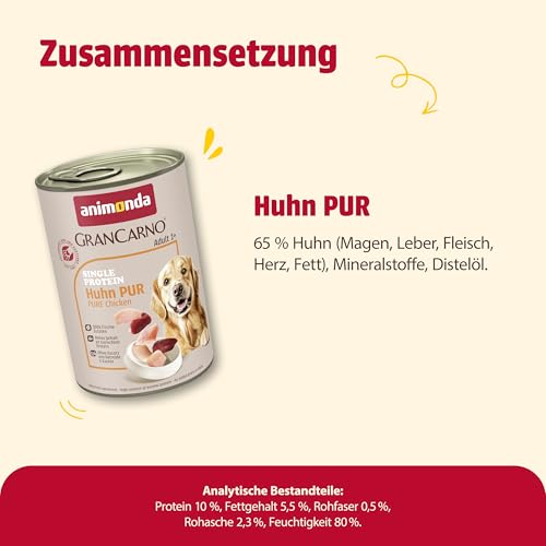 animonda GranCarno Hunde Nassfutter Single Protein Huhn pur (6x400g), getreidefreies Hundenassfutter ohne Zucker, für ausgewachsene Hunde, mit frischem Hühnerfleisch und Innereien