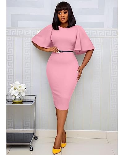 Image of Memoriesea Women's Basic Bodycon Ruffle Flared Short Sleeve Pencil Midi Dress