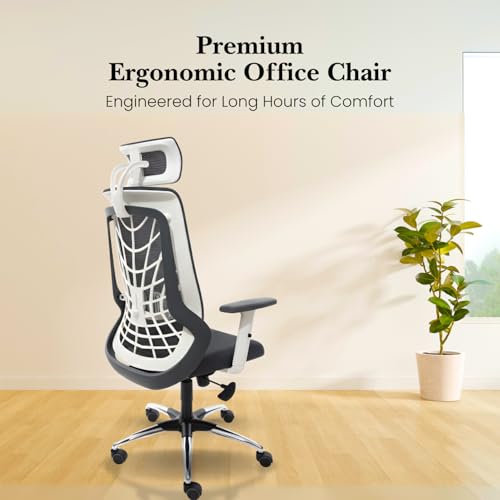 Image of activa Cyber Ergonomic High Back Office Chair | Mesh Computer Chair with Adjustable Headrest | Lumbar Support | Armrest & Swivel Wheels | Comfortable Chair for Home /Office /Study /Gaming (White Grey)