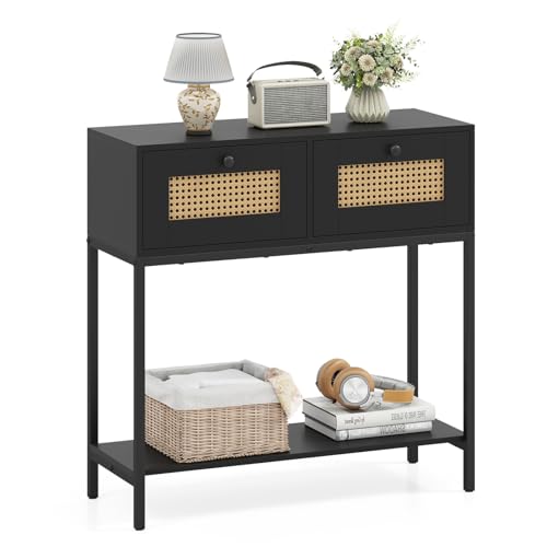 COSTWAY Rattan Console Table, Boho Narrow Sofa Table with 2