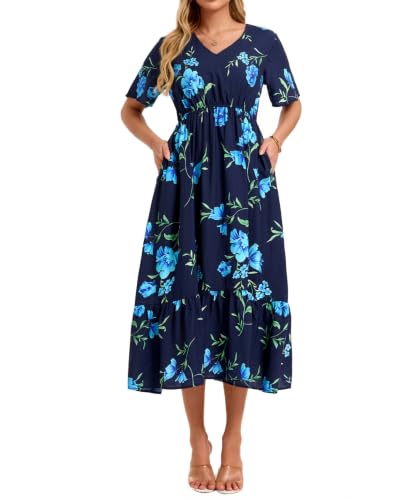 Image of Women's Summer Short Sleeve Maxi Floral Flowy Dresses with Pockets