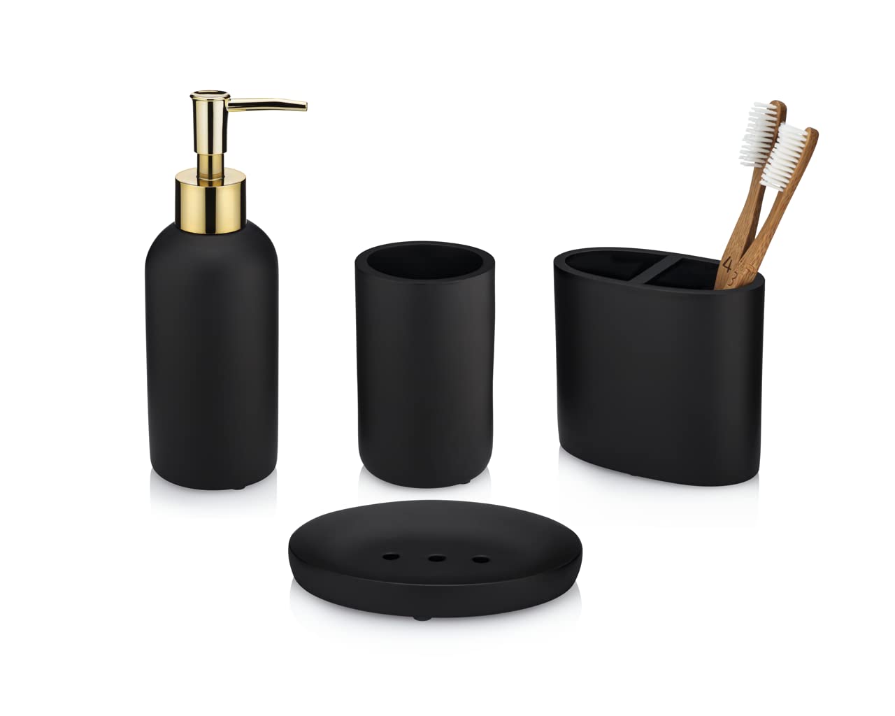 Essentra HomeMatte Black Bathroom Accessory Set. Complete Set includes: Soap Dispenser with Gold Pump, Toothbrush Holder, Tumbler, and Soap Dish