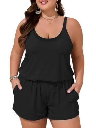 Summer Mae Plus Size Swim Romper Women One Piece Swimsuit Blouson Bathing Suit with Pockets 2025 Modest Swimwear Black 18 Plus