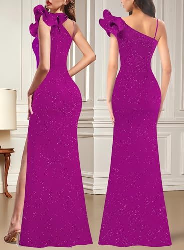 Image of VFSHOW Womens Ruffle One Shoulder Strap Ruched Formal Prom Wedding Maxi Dress V Neck Elegant Split Cocktail Evening Long Gown