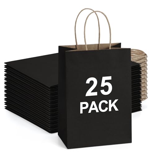 BagDream Kraft Paper Bags 25Pcs 5.25x3x8 Inches Small Paper Gift Bags with Handles Bulk for Party Favor Retail Merchandise Black Gift Sacks