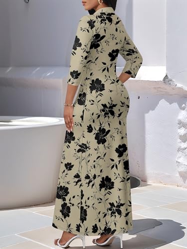 Image of PinkPatty Women's Casual 3 /4 Sleeve Polo V Neck Bodycon Maxi Dress | Semi formal, modest style, long fitted, versatile for church, work, business, office and daily wear