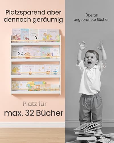 SONGMICS Bücherregal Kinder, Kinderregal mit 4 Ebenen, Spielzeugregal, Wandregal, für Kinderzimmer, Spielzimmer, weiß-naturfarben GKR014W01