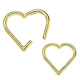 VOJO 2 Pcs G23 Titanium Heart Daith Piercing Jewelry Rook Hoop Tragus Clicker Ring Cartilage Helix Earring for Ear 16G (8mm+10mm, Heart Gold)