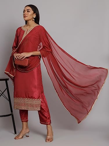 Image of VredeVogel Women's Silk Blend Embroidered Kurta with Pant & Nazneen Dupatta Set