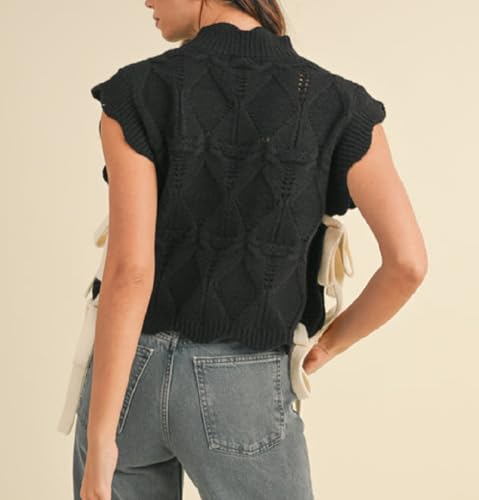 Women Bow Side Tie Sweater Vest Cute Scallop Trim Mock Neck Crochet Knit Tank Top Y2k Sleeveless Split Hem Sweaters4
