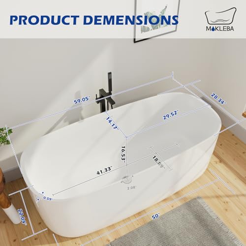 Image of 59 inch Lucite Acrylic Freestanding Bathtub, Rectangular Shape Contemporary Soaking Tub with Toe-tap Chrome Center Drain, Slotted Overflow, cUPC Certified, Glossy White
