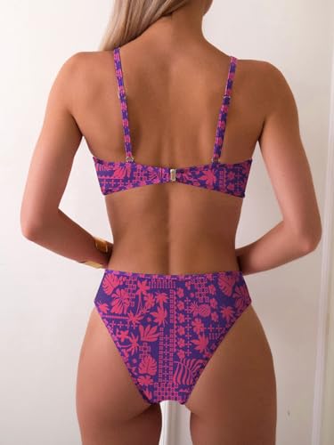 Image of Fanuerg Women's Triangle Bikini Sets O Ring Linked Two Piece Swimsuits Floral Printed Cheeky Bathing Suit