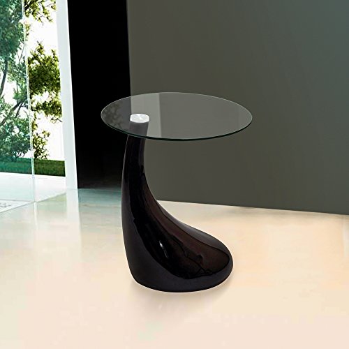 Fab Glass And Mirror Round Top For Living Room, Offices, Bed Side Glass End Table With High Gloss Base, 18 In, Black #TOP1
