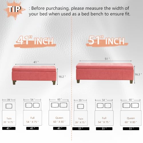 Image of 41 inch Storage Ottoman, Storage Bench with Safety Hinge, Upholstered Synthetic Leather Ottoman Bench for Bedroom, Living Room, Entryway, Hallway, Foot Rest, Support 500lbs