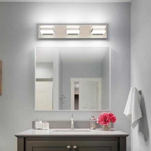 Image of SOLFART Brushed Nickel Vanity Lights Over Mirror, 3 Light LED Bathroom Light Fixture, Vanity Light for Bathroom Modern LED Lights 6000K