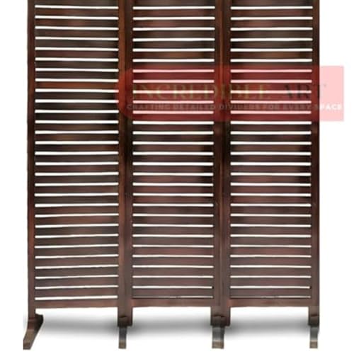 Image of Wooden Partition Wall Divider for Living Room, Wood Privacy Screen, Room Separator Rectangle Line Design- 5 Feet in Height (3 Panels with 4 Stands)