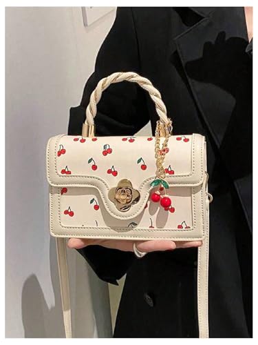 Women's Cherry Print Flap Square Bags Adjustable Strap Top Handle Satchel Crossbody Bags with Cherry Pendant2