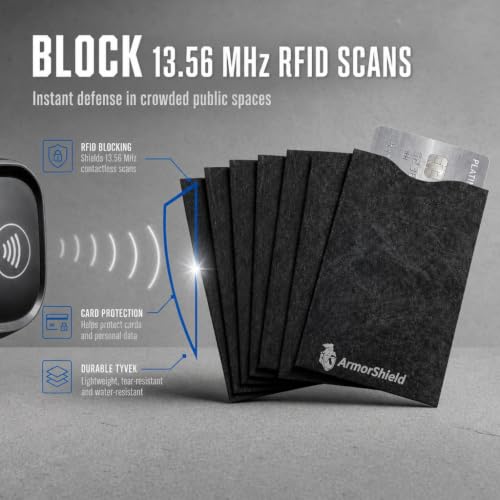 Image of ArmorShield RFID Blocking Sleeves for Credit Cards, 20-Pack Black, USA Made | Blocks unauthorized RFID scans. Slim, waterproof, tearproof. 100% Made in USA.