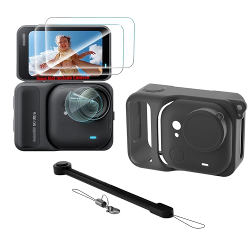 FCMEDZI Compatible for Insta360 GO Ultra Screen ProtectorBlack Silicone Sleeve Case Tempered Glass Screen Protective and TPU Lens Protection Film & Silicone Camera Lens Protectors with Camera Case Kit