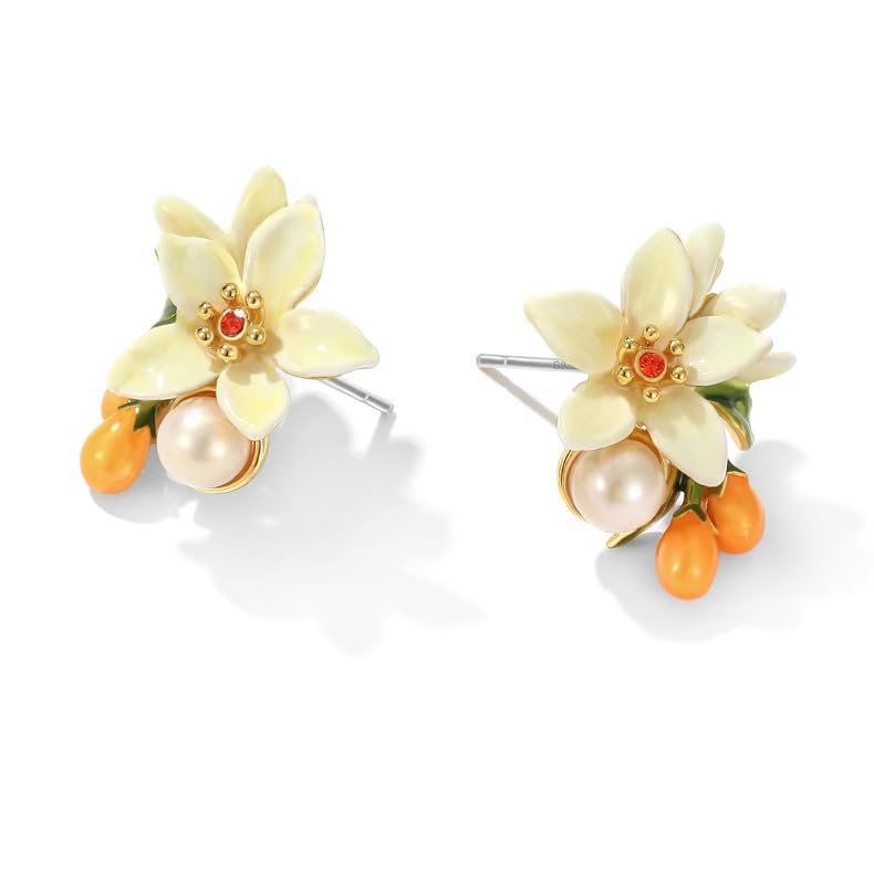 Orange Blossom Flower Kumquat Pearl Enamel Stud Earrings Handmade Jewelry Gift Juicy Grape Mothers' Day4