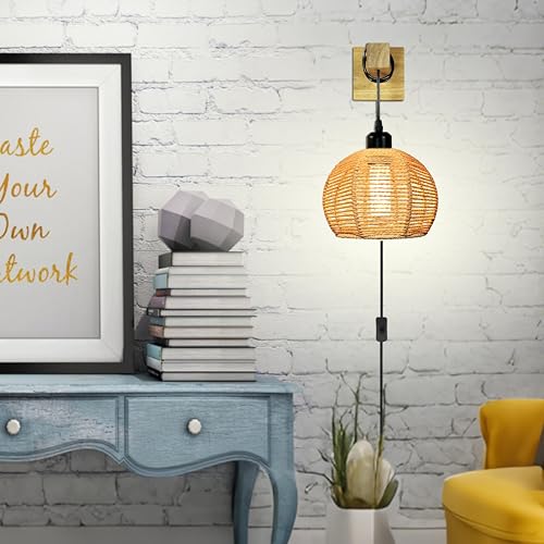 Image of Plug in Wall Sconces 3-Way Dimmable Crystal Bulb Included with Plug in Cord & Paper Woven Shade. Boho Rattan Wall Lamp Beside Reading Lighting for Living Room Bedroom(ZYWL - F01)