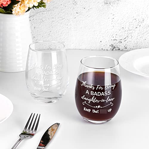 Modwnfy Daughter In Law Gifts, Thanks For Being A Badass Daughter In Law Stemless Wine Glass, Mothers Day Gifts Birthday Valentine’s Day Christmas Gifts For Daughter In Law From Mother In Law, 17 Oz #TOP2