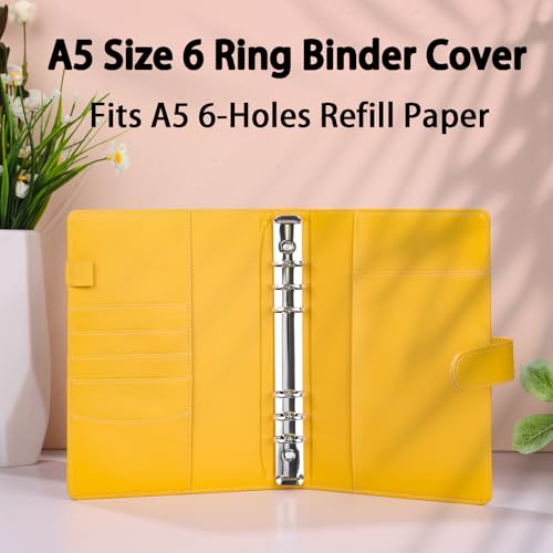 Image of Antner A5 Binder 6 Ring Refillable Notebook Planner Cover, PU Leather Aesthetic Small Binder Loose Leaf Photocard Holder Budget Planner for Cash Organizer with Magnetic Buckle, Lemon Yellow