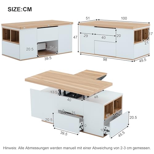 Hebbarer Multifunktions-Couchtisch - Tischplatte öffnet Sich zu 2 Tischen, Zwei Schubladen, Weiß + Originalholzfarbe, große Kapazität, Büro-Esstisch Freizeittisch Multifunktionstisch – Bild 3